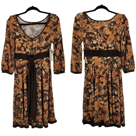 Vintage Wool Angora Long Puff Sleeve Tea Length Dress M Retro 70s Brown Floral - Picture 1 of 15